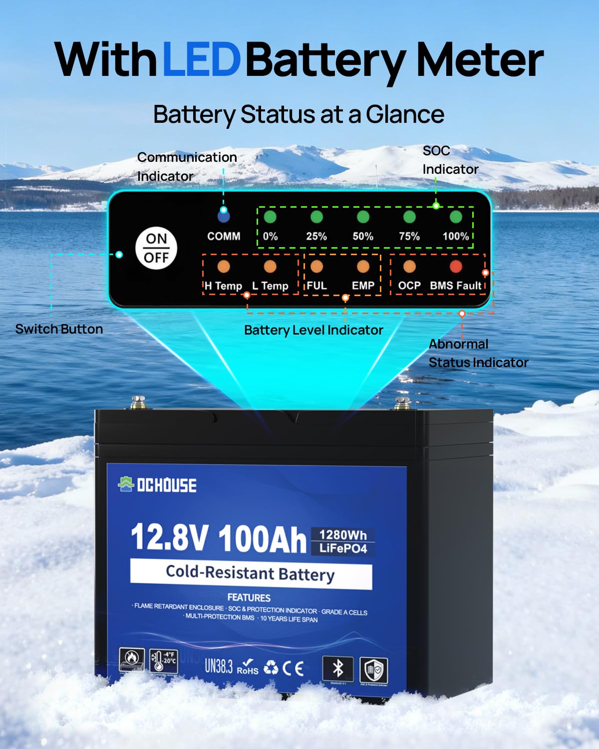 DC HOUSE 12V 100AH Cold-Resistant Lithium Trolling Motor Battery w SOC Status Indicators L-Temp Discharge Down to -22 — view 4