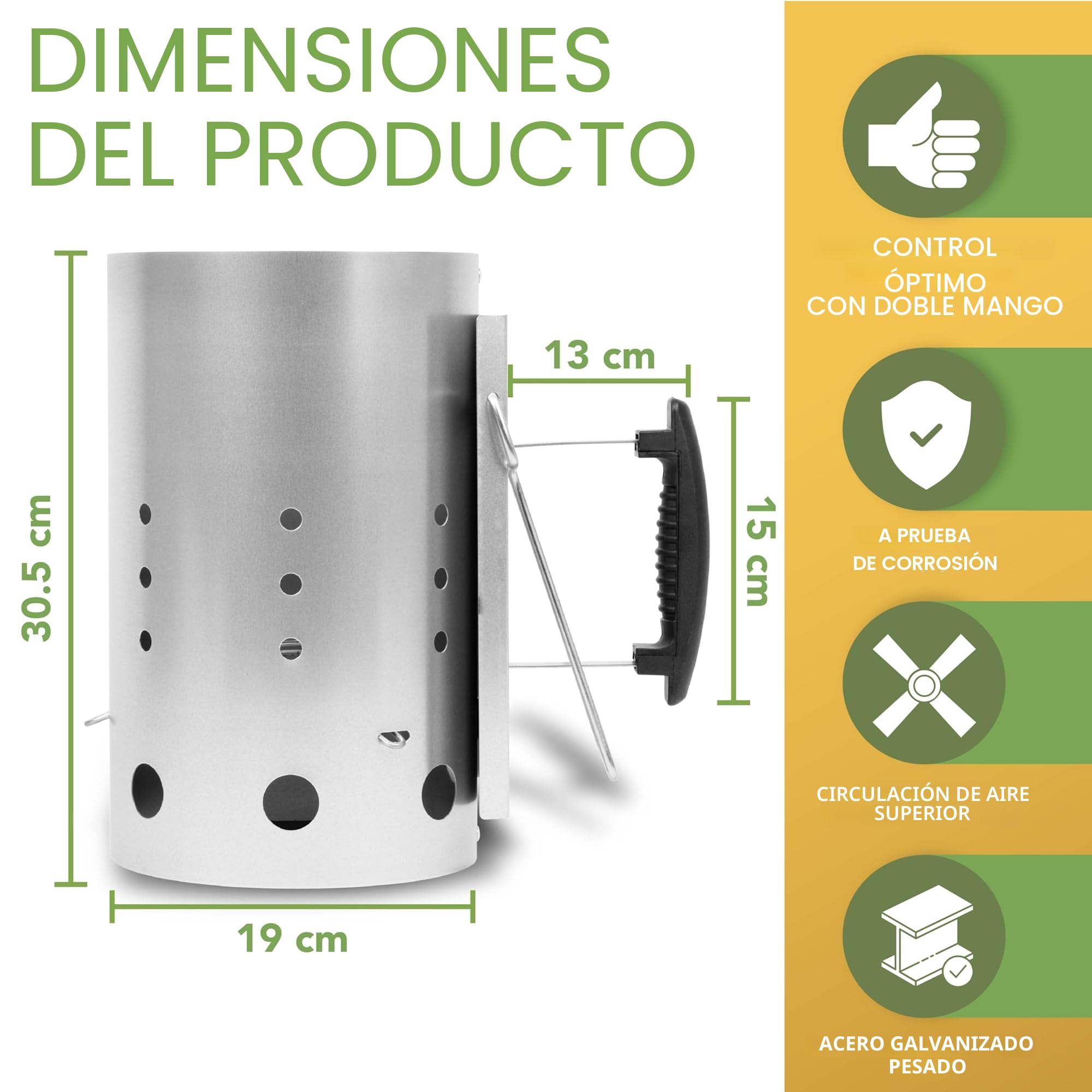 BLOSTM Chimenea para Encender Barbacoa - Extra Grande Encendedor Barbacoa Arranque Rápido, de Acero Galvanizado, con Asas de Seguridad Aisladas Térmicamente para Carbón, Madera en Trozos, Briquetas