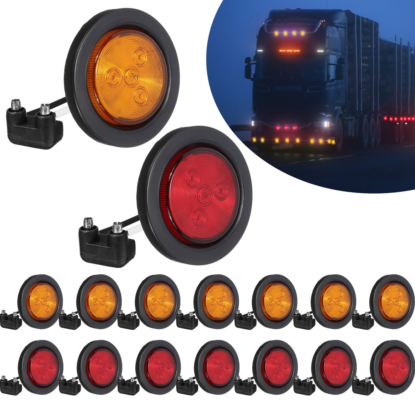 Baquler 16 Pcs Led Trailer Marker Lights 2.5 Inch Flash Mount Marker Lights 4 Diodes Round Trailer Lights with Rubber Grommets Marker Indicators Lights 12v for Car Van Truck Bus Boat, Amber and Red