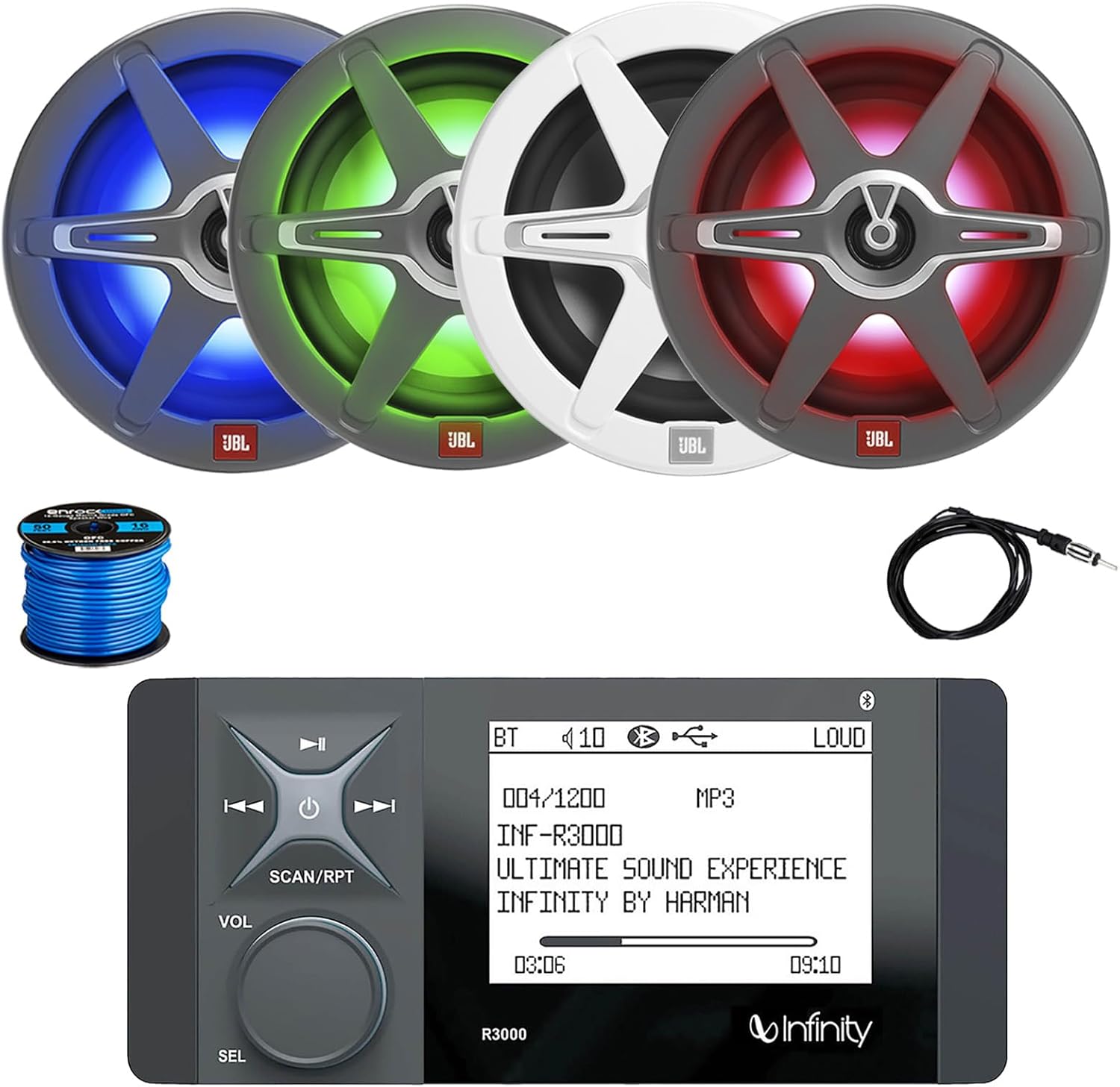 Marine Bluetooth AM/FM Radio Stereo Digital Media Receiver, 4X 8 450 Watt 2-Way Multicolor LED Audio Speakers, Antenna, Wire