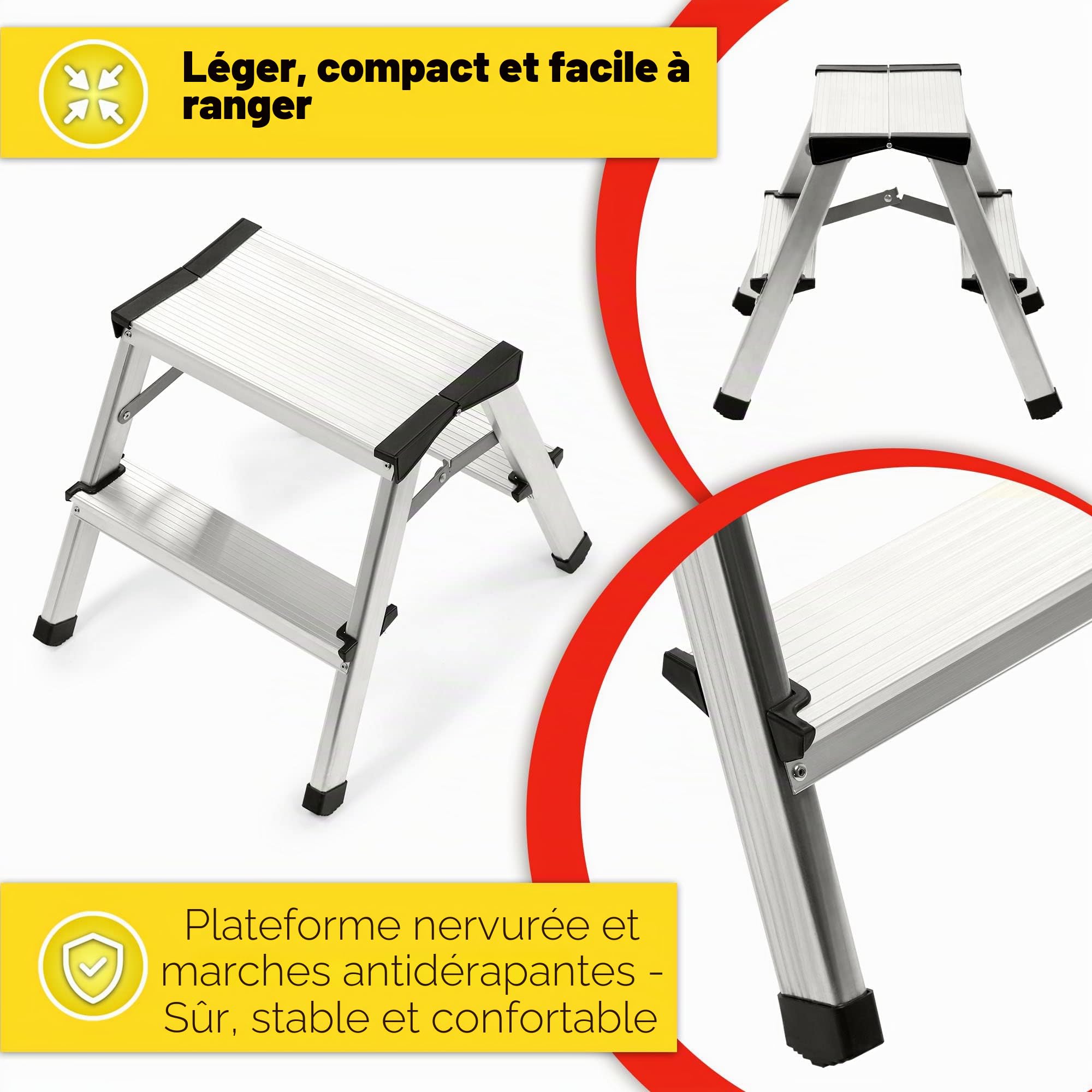KADAX Escabeau en Aluminium avec Marches Antidérapantes et Conception Pliable pour Un Stockage et Un Transport Faciles, Échelle Légère (2 Marches)
