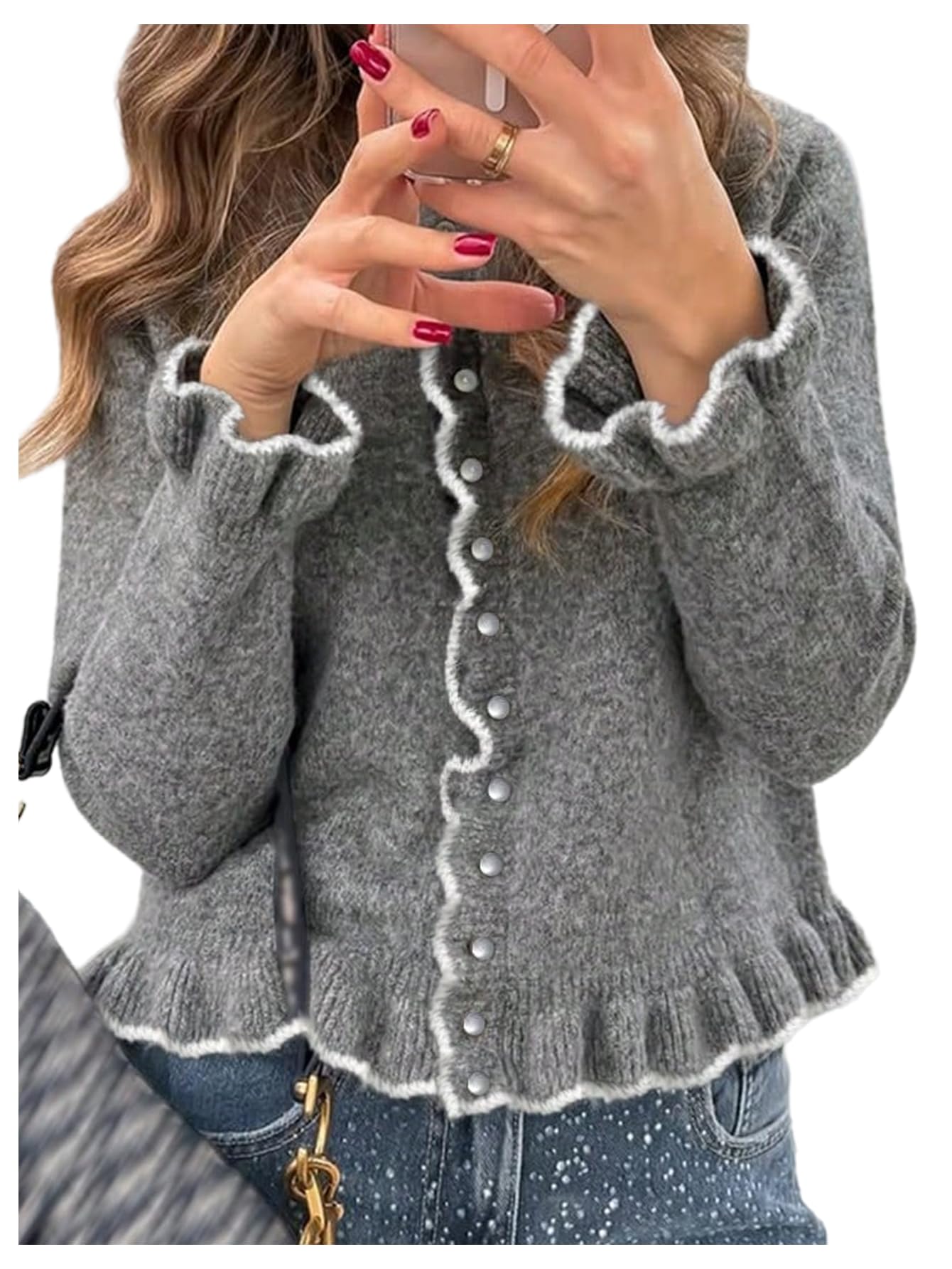 SOLY HUX Womens Ruffle Cardigan Sweater Button Down Long Sleeve Crew Neck Knit Tops Fall Clothes