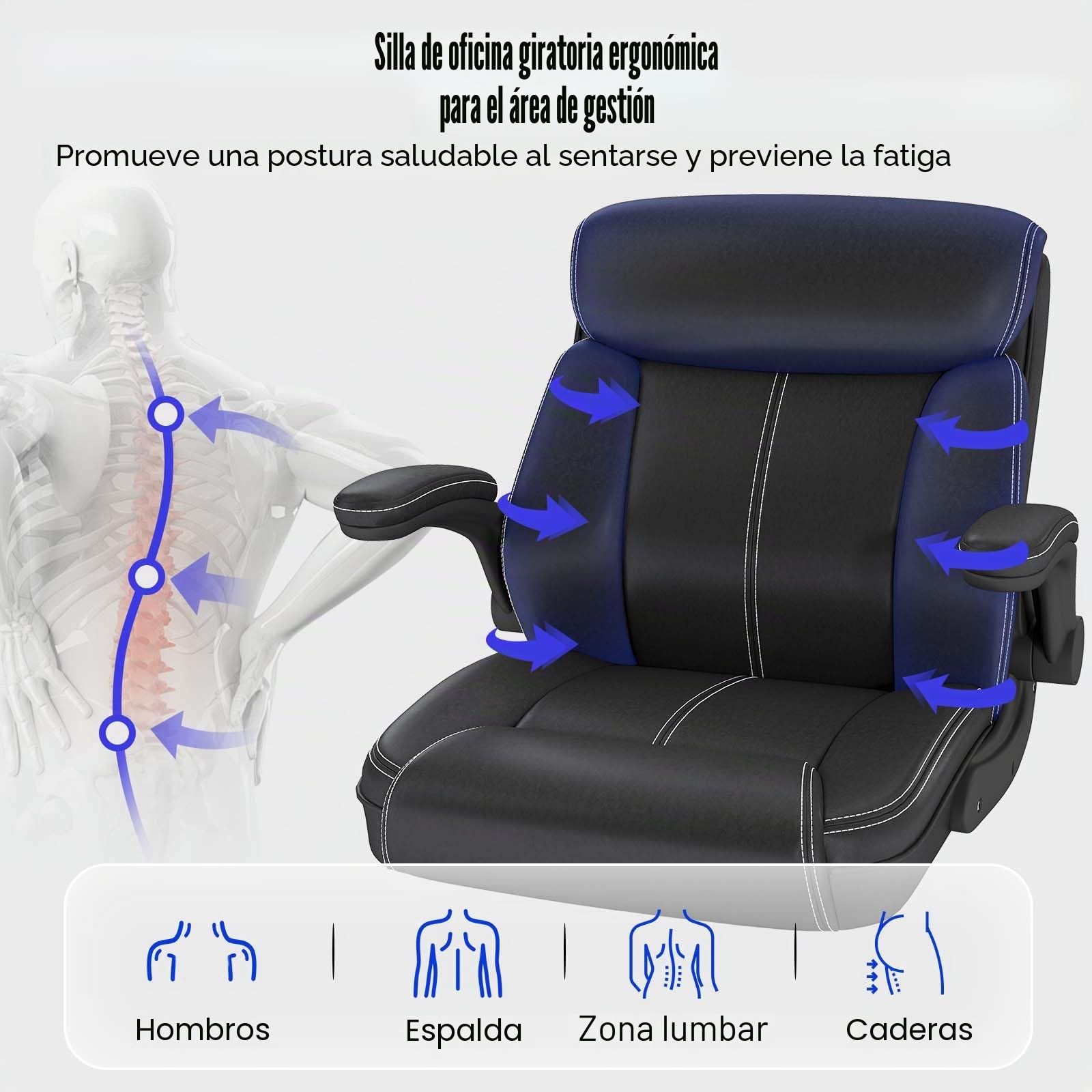 AnyGod Silla de Oficina Ergonómica, Sillón Ejecutivo de Piel Sintética con Reposabrazos Abatibles, Silla Giratoria de Escritorio Ajustable en Altura, Capacidad 136 kg, para Teletrabajo y Oficina