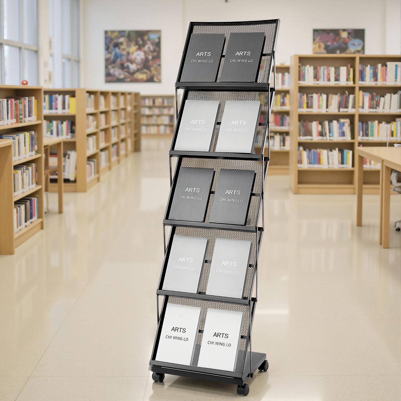 VEVOR faltbarer Prospektständer Zeitschriftenständer mit 5 Taschen, rollbarer Literaturständer Kataloghalter Schrägsteller, Buchständer Bodenaufsteller für Messe, Büroshows, Ausstellung