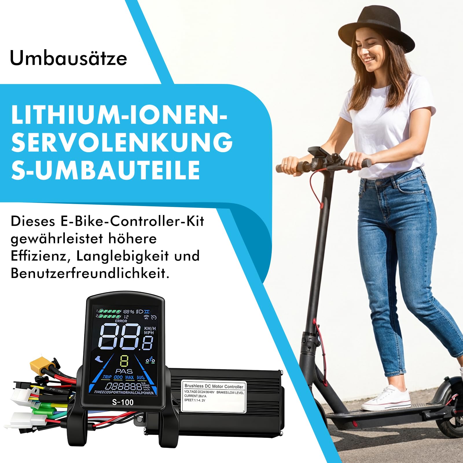 Elektrofahrrad Brushless Motor Controller Kit, 36V 48V 500W 750W 26A, 3 Betriebsmodi Sinuswelle Motorsteuerung Controller mit S100 LCD Display für E-Bike