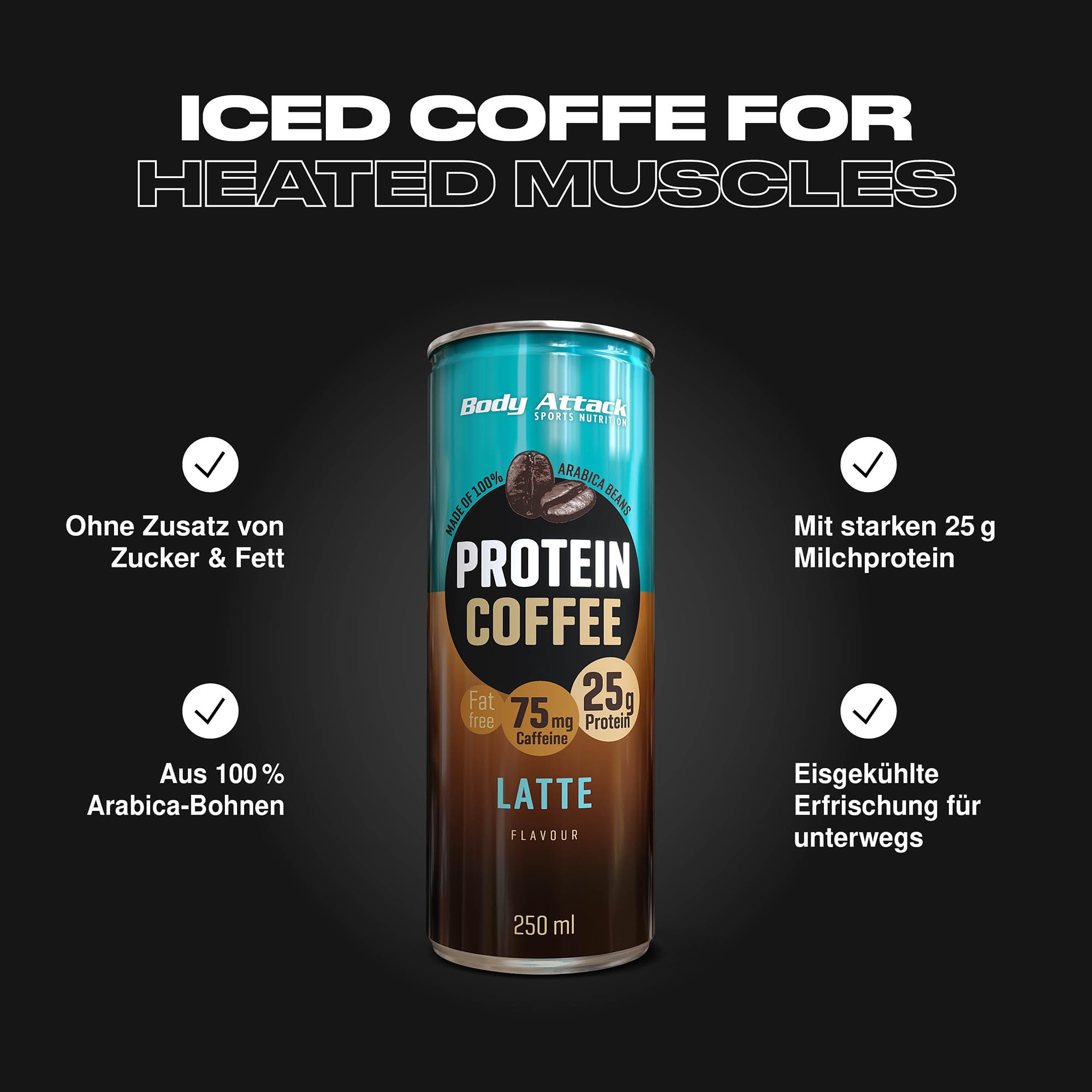 Body Attack Protein Coffee – Coffee Latte, 12 x 250ml (inkl. Pfand) - Protein Eiskaffee - erfrischender Eiskaffee fettarm mit 25 g Eiweiß, 75 mg Koffein - aus 100% Arabica Kaffeebohnen | Protein Eiskaffe, erfrischender Eiskaffee fettarm mit 25 g Eiweiß, 7