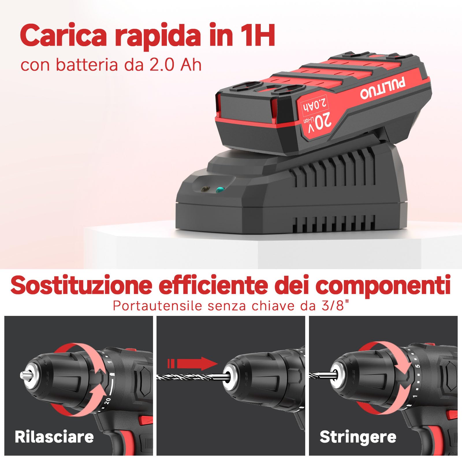 PULITUO Trapano Avvitatore Batteria 20V, Avvitatore a Batteria con 2 Batterie da 2,0 Ah, Mandrino Autoserrante da 3/8", 2 Velocità, 21+1 Livelli di Coppia, Set 42 Pezzi, Kit di Attrezzi per La Casa