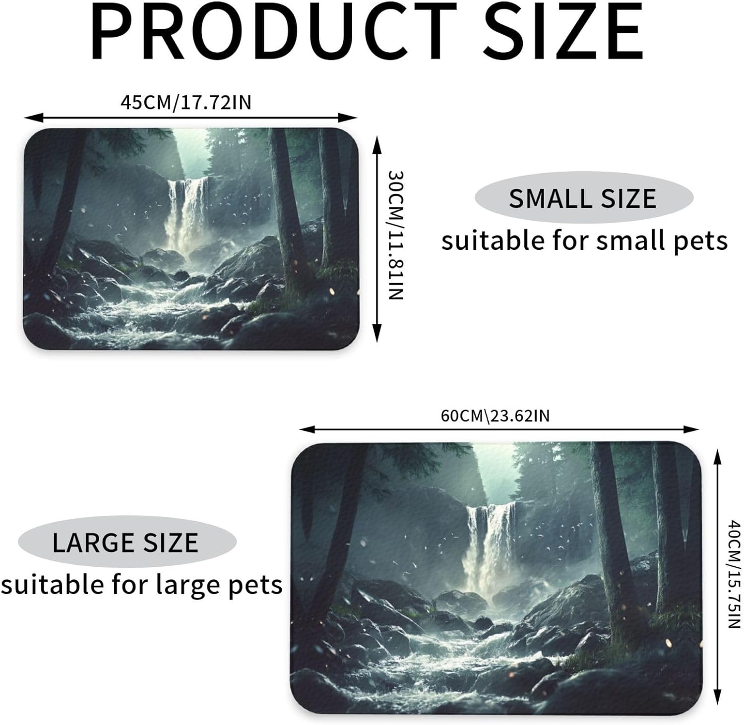 Waterfall Forest Pet Feeding Mat Dog Cat Eating Food Absorbent Leather Tablecloth for and Water Bowl Waterproof No Stains Quick Dry Non-Slip 23.62 * 15.75IN
