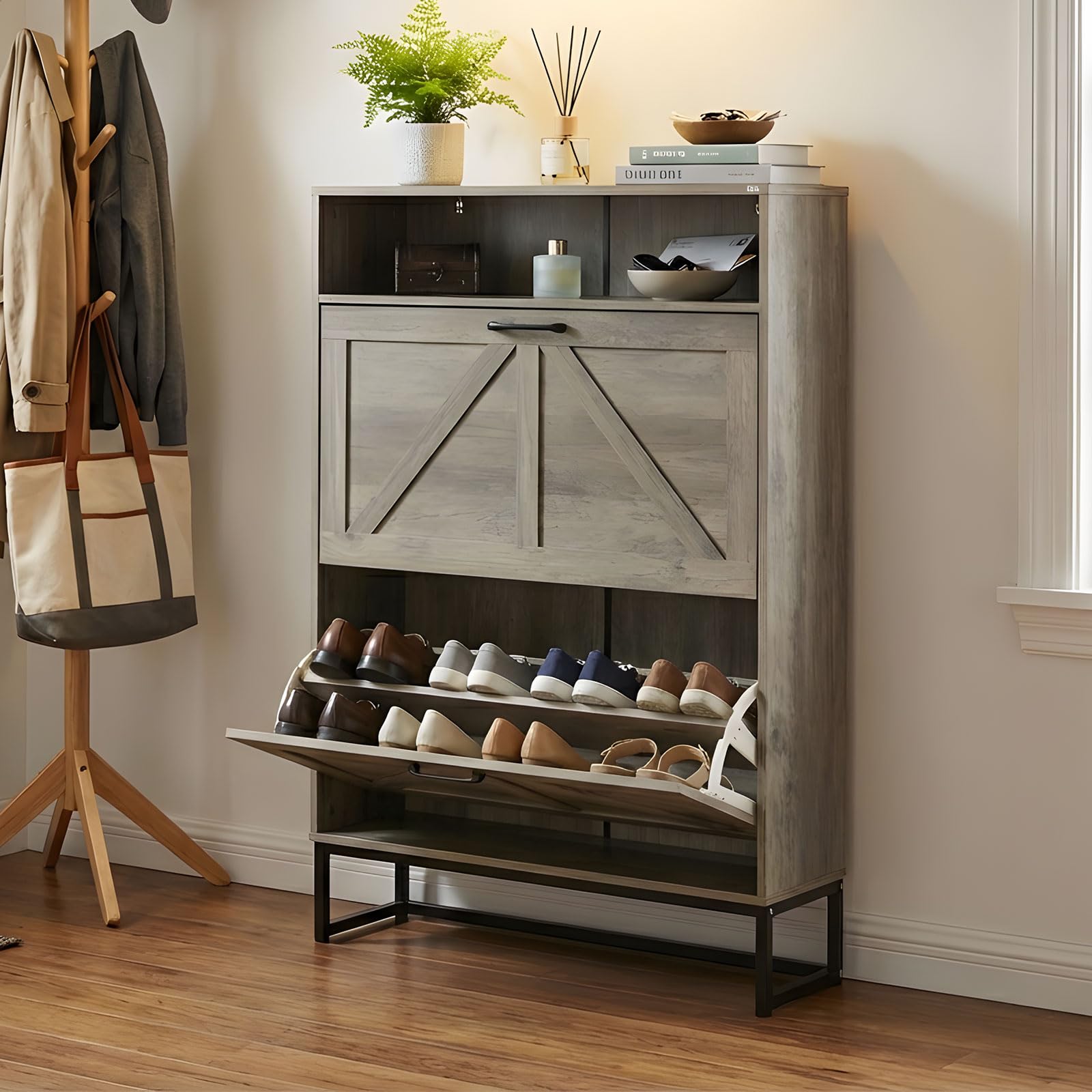 MAXLEAD Narrow Shoe Cabinet with Flip Drawers, 80x24x115cm Shoe Storage Organizer with Adjustable Shelves, Tall Shoe Rack for Hallway & Entryway - Grey — image 1