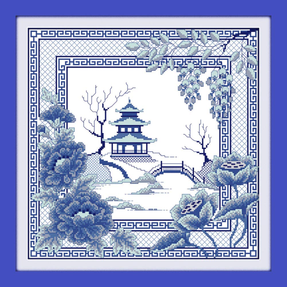 Cross Stitch Kits, Awesocrafts Blue Porcelain Landscape Pavilion Flowers Easy Patterns Cross Stitching Embroidery Kit Supplies Christmas Gifts, Counted (Landscape, Counted)
