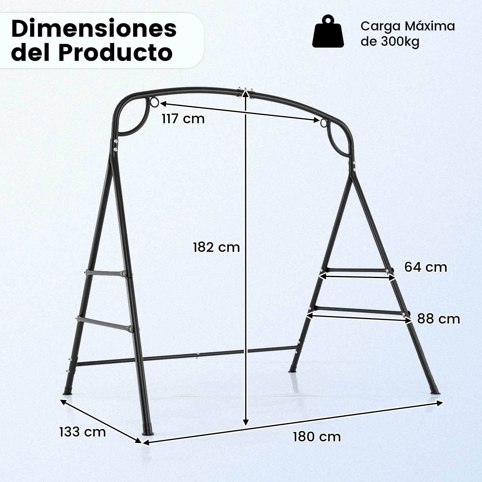 COSTWAY Soporte Hamaca en Forma A, Soporte Columpio de Metal, Carga Máxima de 300 Kg, Soporte Silla Colgante Patio Terraza Balcón Jardín, 180 x 133 x 182 cm (3 Anillos)