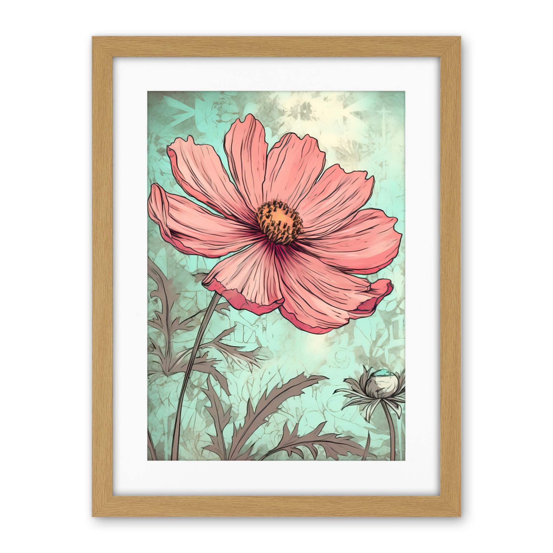 Artery8 Cosmos Flower Bloom Soft Pink and Teal Watercolour Artwork Framed Wall Art Print 18X24 Inch