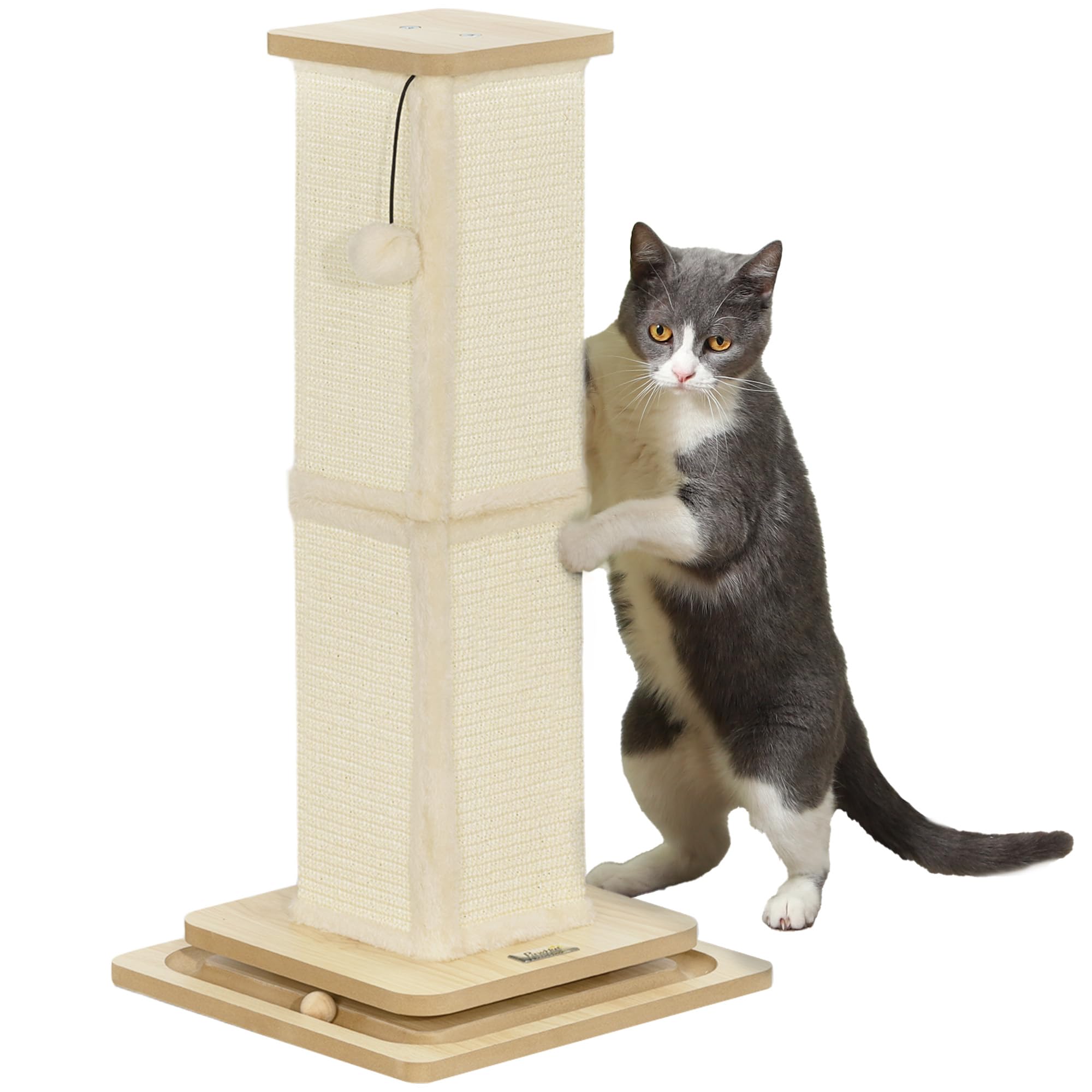 PawHut 67cm Cat Scratching Post - 3-in-1 Cat Scratcher with Track Ball Toy - Sisal Covered - MDF Base - Oak Color