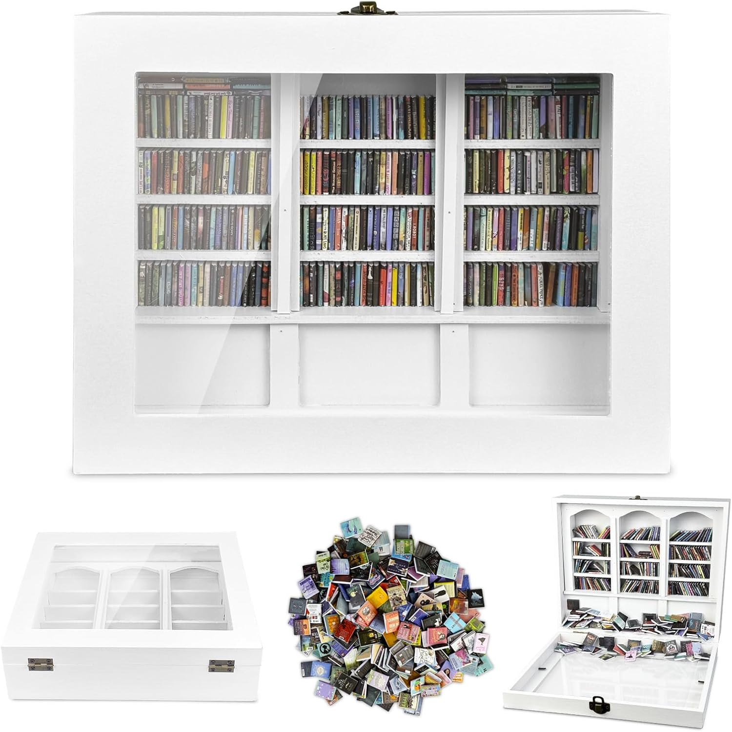 Anxiety Bookshelf 300pcs Mini Books Mini Bookshelf Ornament Miniature Decor Shake Away Your Anxiety Miniature Library for Book Lovers Home Room Office Decor (White)