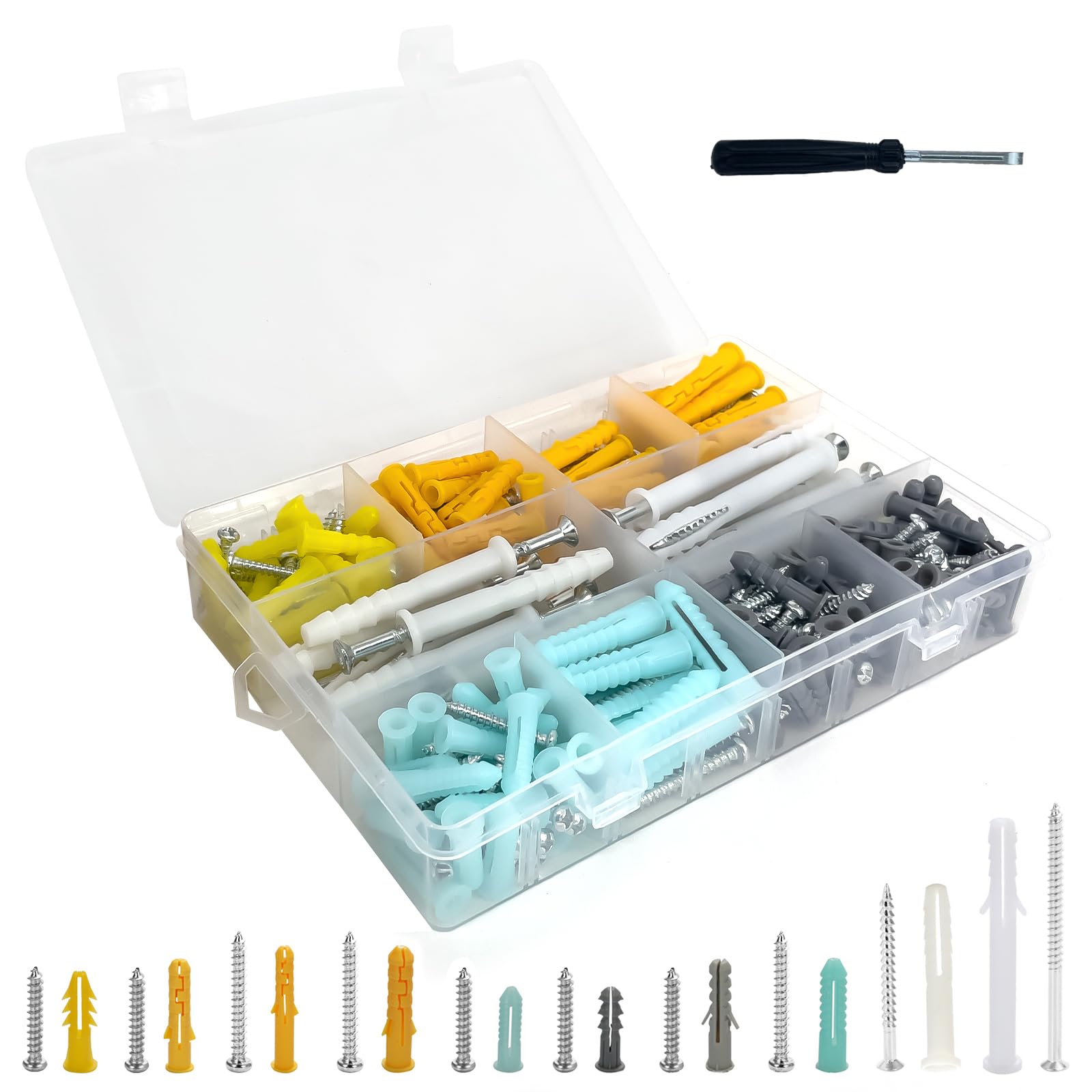 300 PCS Wall Anchors Kit with Screws, Assorted Sizes Plastic Drywall Anchors and Self-Drilling Screws Set for Hanging and Mounting