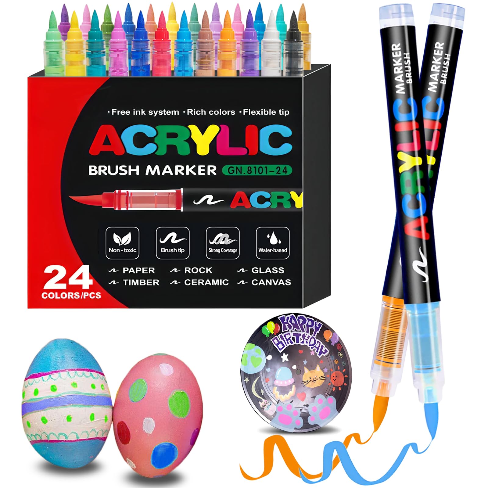 24 Colors acrylic paint Pens - Soft Brush Tip Acrylic Markers, Quick-Drying Waterproof Acrylic paint Markers for Canvas, Wood, Metal, Ceramic, Stone, Egg, Rock Painting and DIY Art Crafting