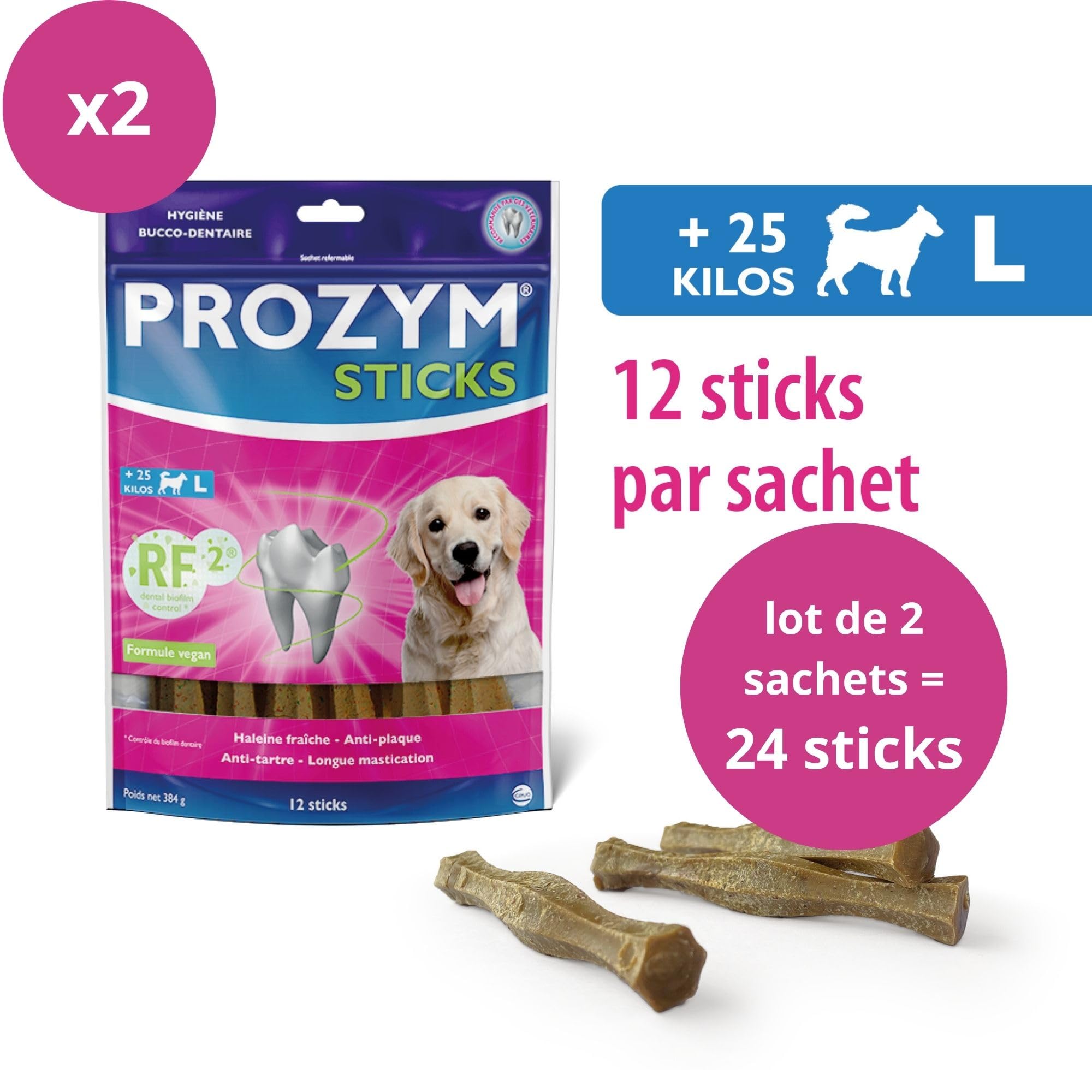 PROZYM RF2 Pack 2x12Sticks - Spéciale Hygiène Dentaire Naturelle - Recommandé par des Vétérianire - Formule Vegan pour Chien - 24 Sticks (+25kg)