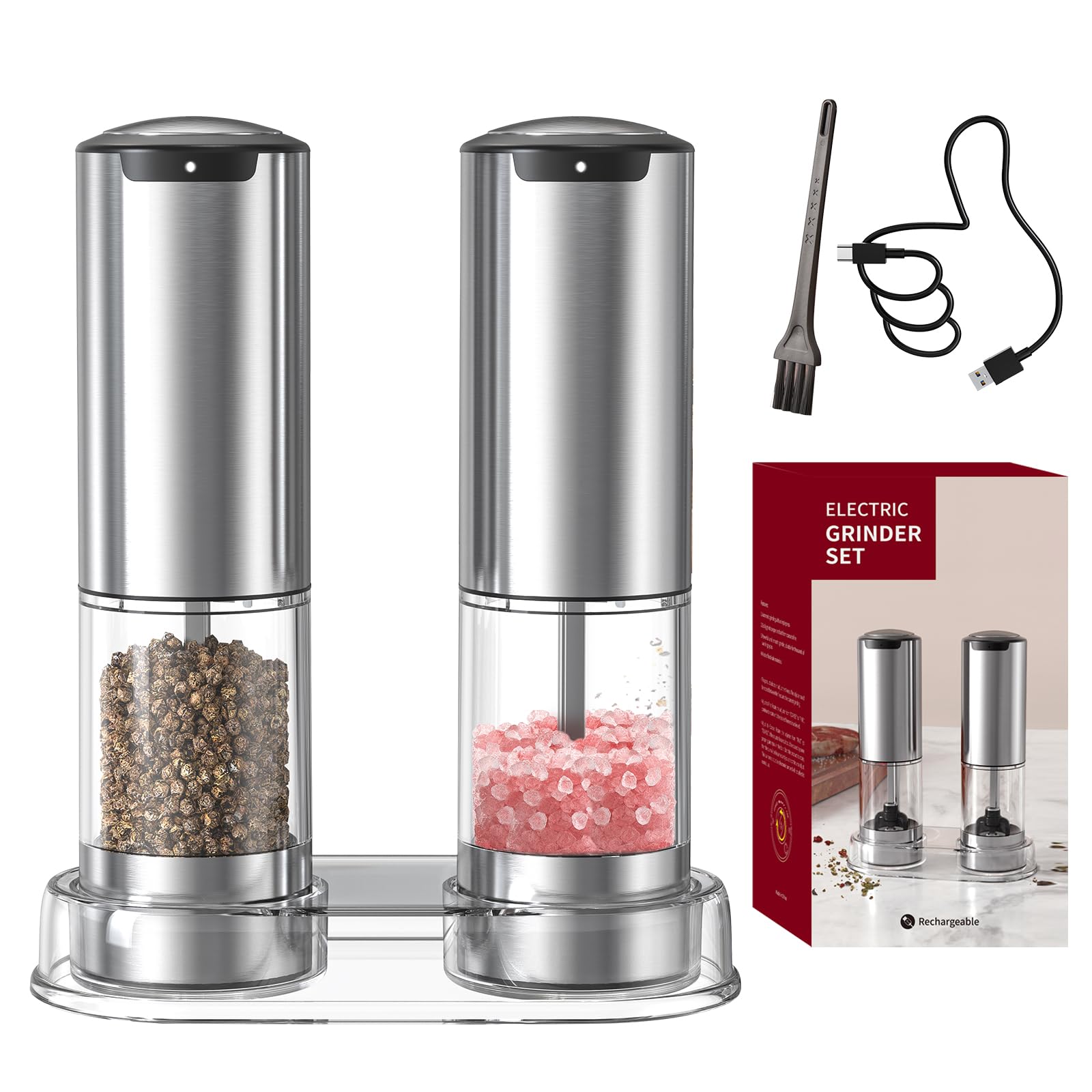 D-DING Electric Salt & Pepper Grinder Set - 2 in 1 Stainless Steel Mill with Adjustable Coarseness, LED Light, Ceramic Core, Type-C Charging, 95ml Container