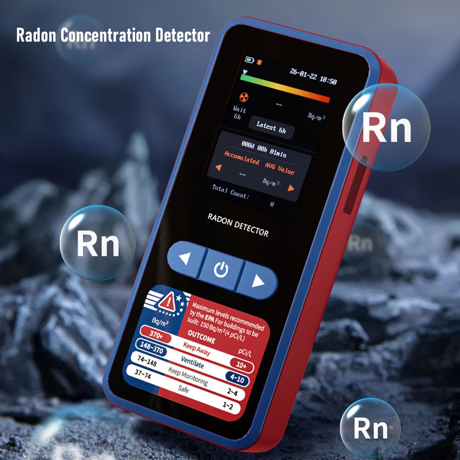 Rilevatore di Radon, Monitor di Radon con Portata 3,3-37k Bq/m, Sensore di con Batteria da 2000 MAh e Archiviazione Dati per 504 Giorni, Ideale per l'uso nel Seminterrato di Casa