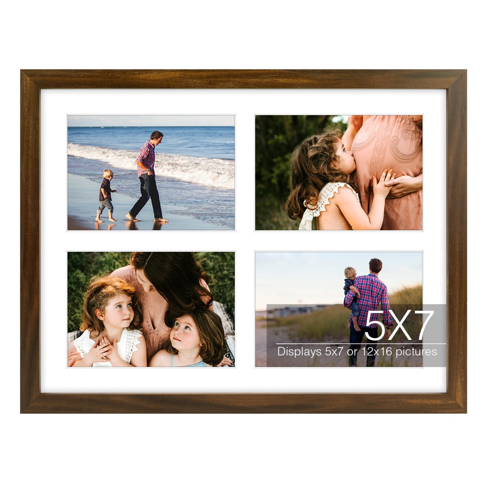 Golden State Art Four 5x7 Collage Picture Frame - Solid Wood with Tempered Glass - Multi Picture Frame Display Four 5x7 Photos with Mat - or One 12x16
