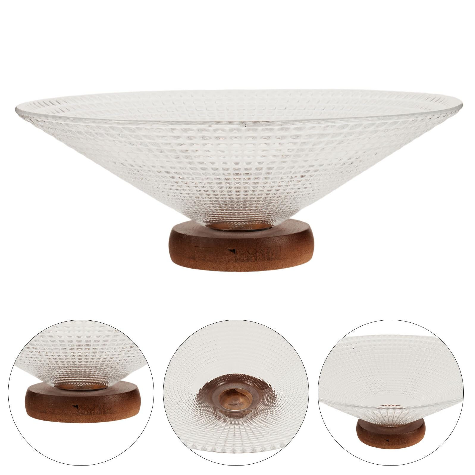 BESPORTBLE Ciotola da Frutta in Vetro Trasparente Quadrata con Base in Legno Vassoio Elegante per Insalate Dessert e Snack Espositore Stabile per Cucina e Feste Portafrutta Moderno