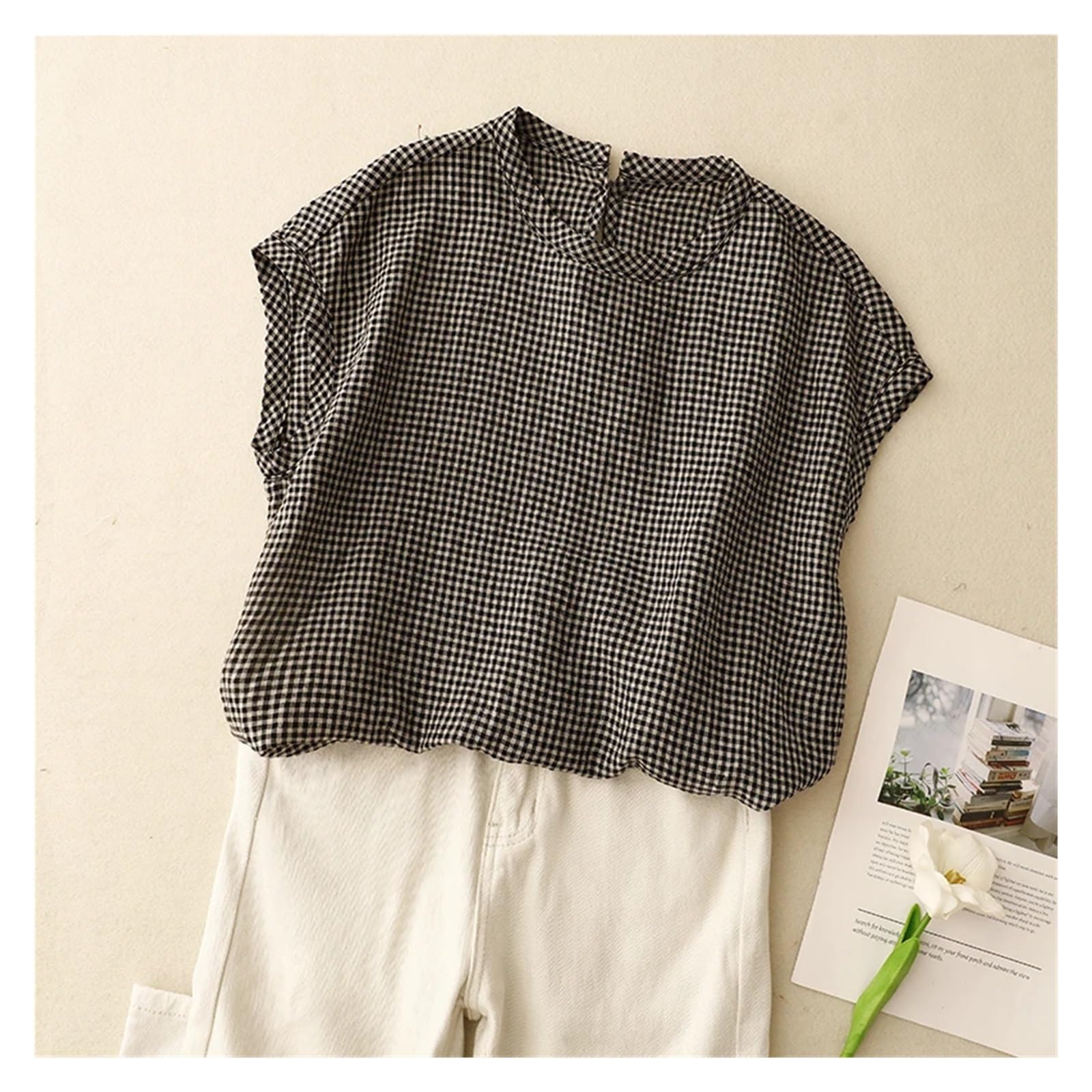 Camisa Lino Mujer Blusa de Lino a Cuadros Verano, Estilo literario Retro, Elegante, Universitario, Cuello Redondo, sin Mangas, Informal