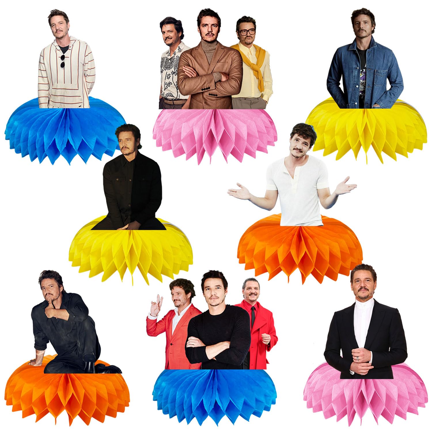 SEMEA 8Pcs Pedro Pascal Party Supplies, Pascal Honeycomb Centerpieces Table Decorations, Photo Booth Props for Kids Birthday Party Supplies