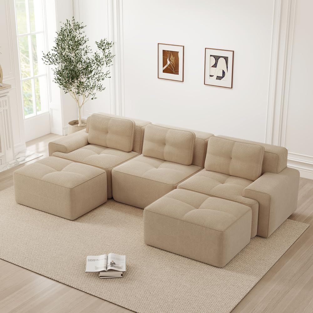 Divano modulare angolare a U,divano componibile Boneless 3 posti con 2 poggiapiedi,divano a compressione senza montaggio,divano con seduta profonda,divani Componibili 5 posti,velluto a coste,Beige