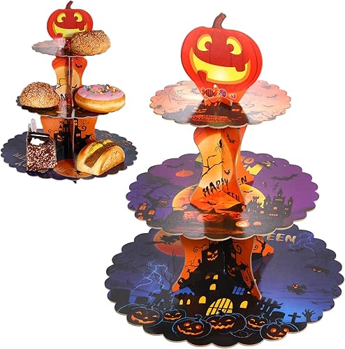 Liangxiang - Soporte para cupcakes de Halloween de 3 niveles soporte de torre de cartón para tartas de postre soporte de exhibición de alimentos