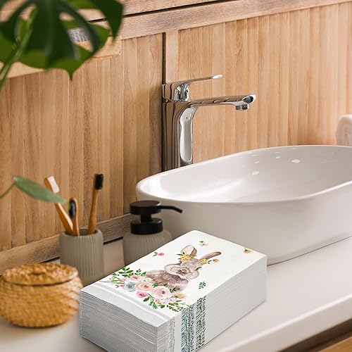 Miniatura 6 de AnyDesign - 80 hojas de servilletas desechables de Pascua para invitados, acuarela, conejo, conejo, floral, servilletas de papel decorativas de