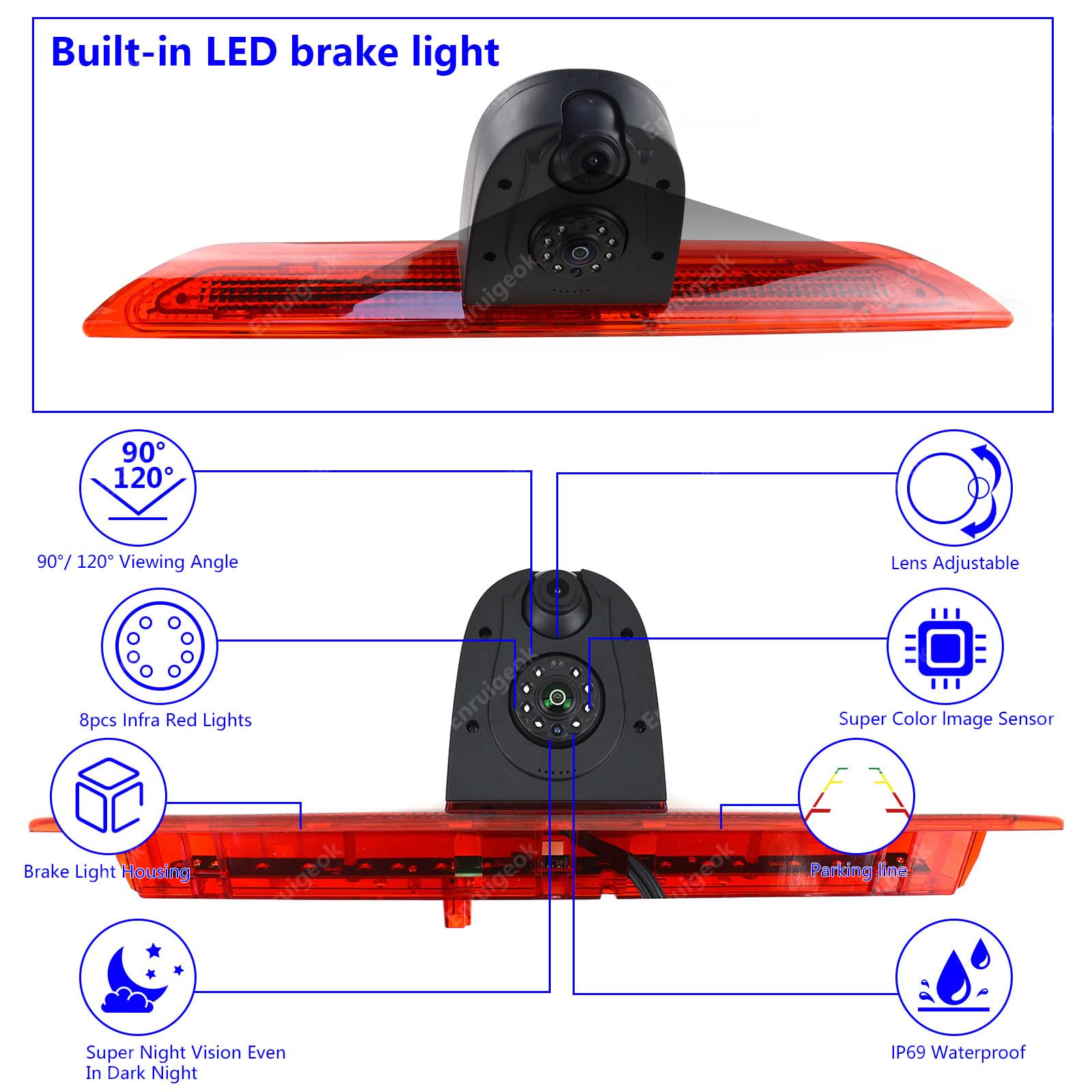 Cámara de marcha atrás HD de luz de freno de doble lente para Ford Transit 350 MK8 Van (2014-presente) con pantalla dual de 6.86 pulgadas 2 monitores divididos (kit de soporte n.º 1.5)
