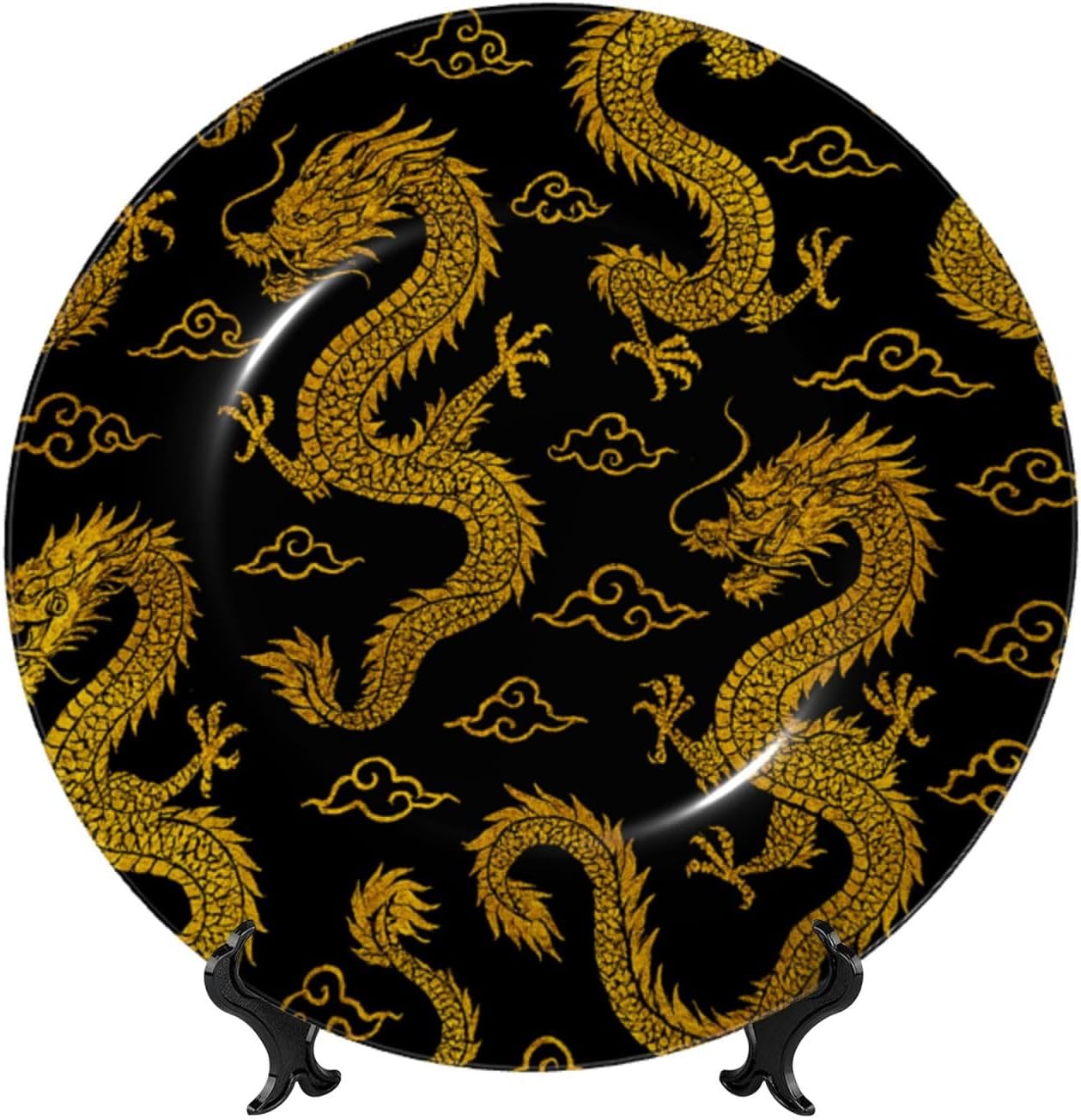 Golden Chinese Dragon Pattern 10 Inch Decorative Plate With Stand, Elegant Display Wall Plate For Home Decor