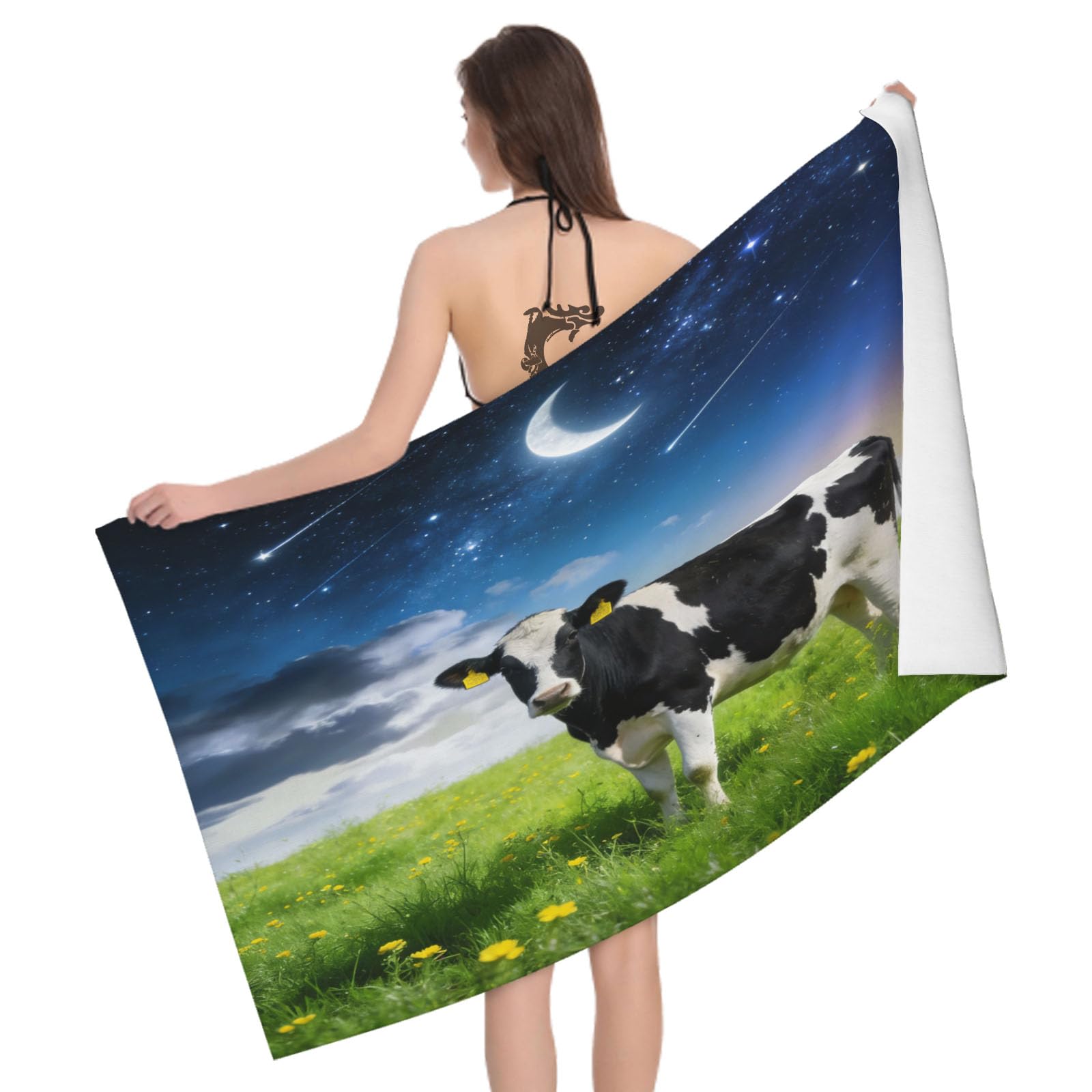 Leichong 3D Milk Cow Beach Towel Microfiber Soft Quick Dry for Adults, Starry Sky Bath Towel Lightweight Soft Absorbent for Travel Swimming Pool Sports, 75 x 150 cm