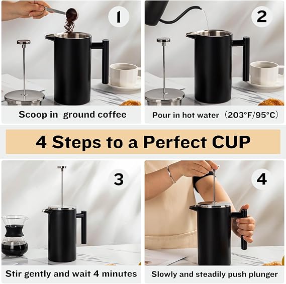 YOLIFE 34 OZ Large French Press, Premium Stainless Steel Sturdy Insulated French Press Coffee Maker, 4-8 Cups French Coffee Press, Tea Presses for Home Kitchen Caming Loose Tea, Elegant Black