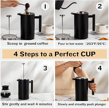 YOLIFE 34 OZ Large French Press, Premium Stainless Steel Sturdy Insulated French Press Coffee Maker, 4-8 Cups French Coffee Press, Tea Presses for Home Kitchen Caming Loose Tea, Elegant Black