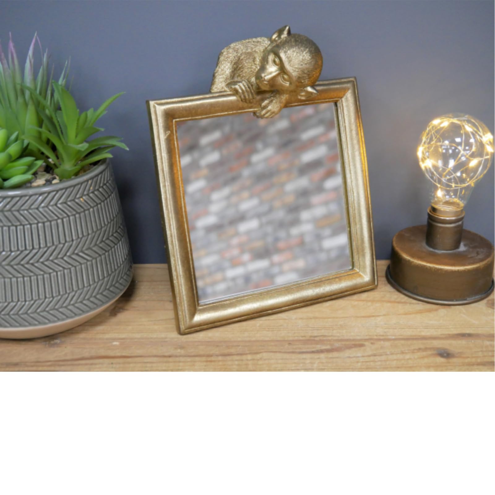 Fyne-Finds Square Mirror With Monkey 18cm Gold Aged Effect Animal Wildlife Novelty Gift Kickstand Tabletop Home Decor