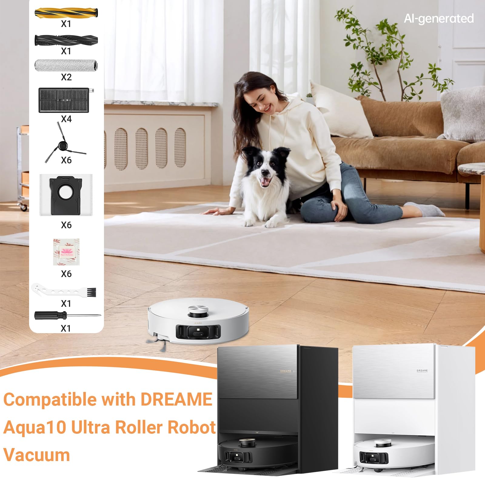 27-częściowy zestaw akcesoriów do Dreame Aqua10 Ultra Roller Complete robot odkurzający, 2 główne szczotki i ściereczka do wycierania wałków, 4 filtry, 6 worków do kurzu, płaski kamień