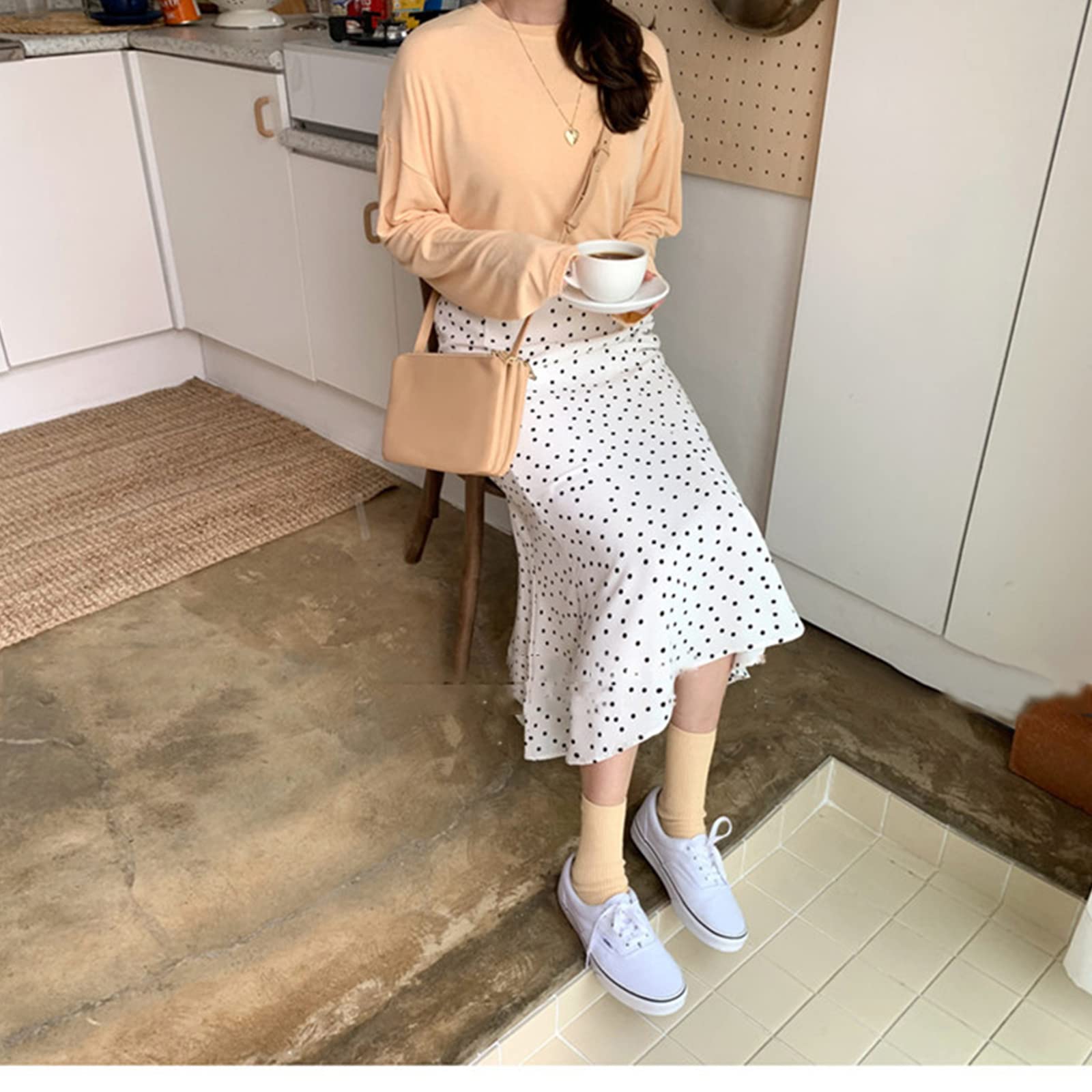Falda larga de verano para mujer, diseño de lunares blancos y negros, cintura alta
