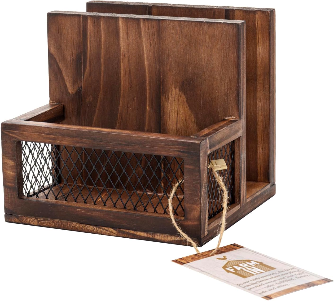FARM IN Napkin Holder, Farmhouse Multifunctional Napkin Holder with Salt and Pepper Shakers Holder for Home Kitchen Table Centerpiece and Commercial, Rustic Solid Burnt Wood & Diamond Metal Wire Mesh