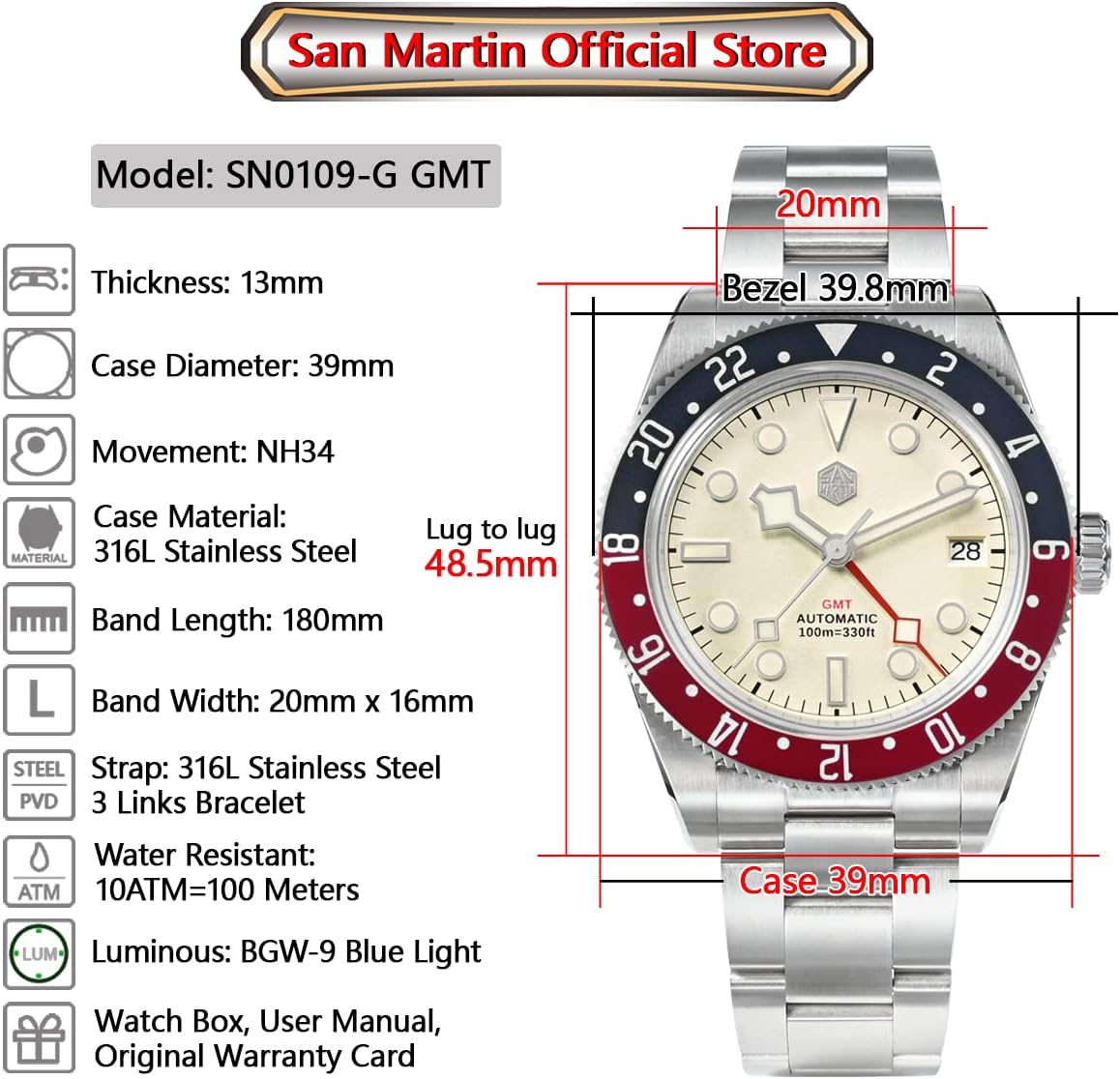 San Martin SN0109G Men Luxury NH34 GMT Watch Bidirectional Aluminum Bezel Automatic Mechanical Watches Sapphire Glass