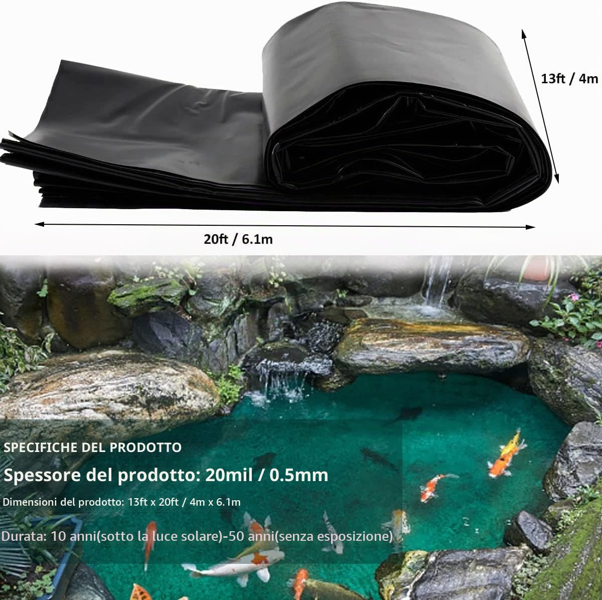 Rivestimento per laghetto, Telo per laghetti Stagno da Giardino in LLDPE, 6M x 4M Telo per laghetto Fodera per Piscina Pellicola, laghetto per Pesci di Grandi Dimensioni Liner Gardens Pools