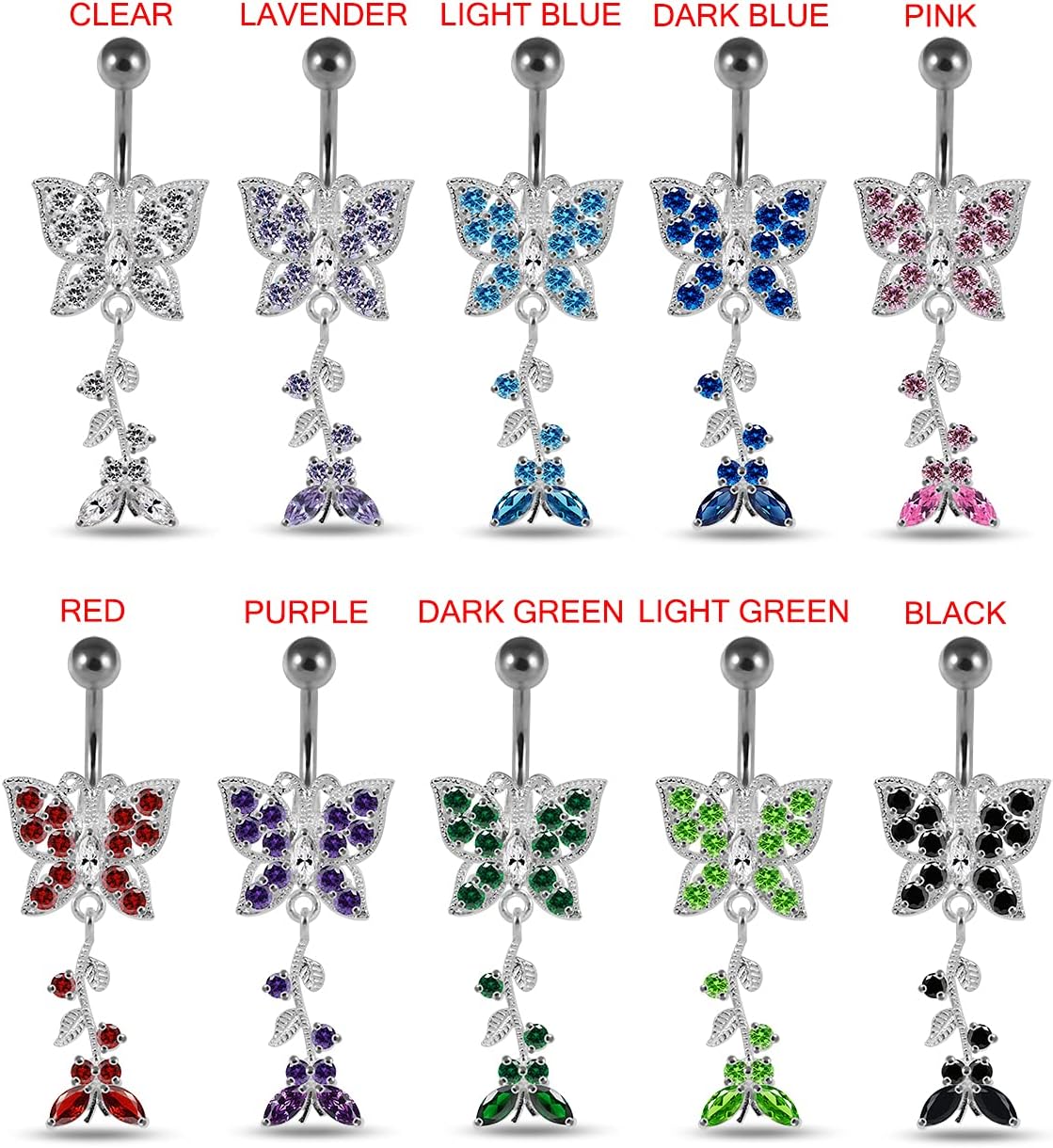 Fancy Butterfly with Leaf Dangling Design 925 Sterling Silver with G23 Grade Titanium Belly Ring - Belly Button jewelry - Navel jewelry