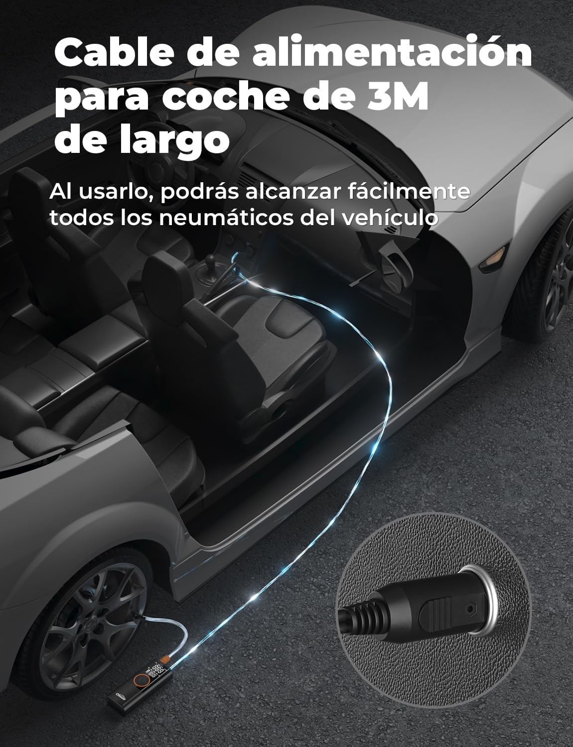 Oasser Compresor Aire Portatil 6000mAh 150PSI Inflador Ruedas Coche Pequeño Pantalla LCD Doble Visualización Cable Encendedor 3M Parada Automática Bolsa Almacenamiento para Coche Moto Bicicleta Bola