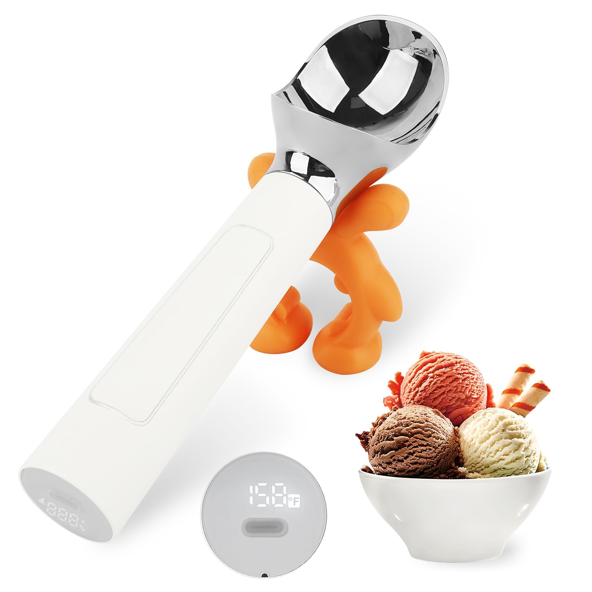 LT LAUDTEC Heated Ice Cream Scoop, Rechargeable Electric Warming Scooper, Heats to 158F for Hard Ice Cream, IP67 Waterproof, Easy for Seniors & Kids (White)