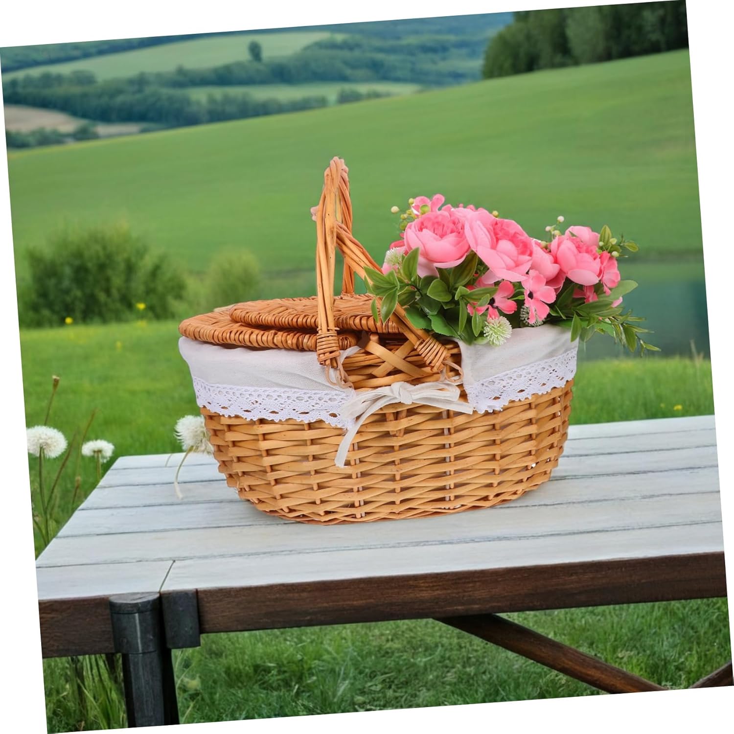 BESPORTBLE Handwoven Willow Picnic Basket with Double Folding Handles and Removable Washable Liner for Outdoor Picnics Camping Anniversaries and Birthdays