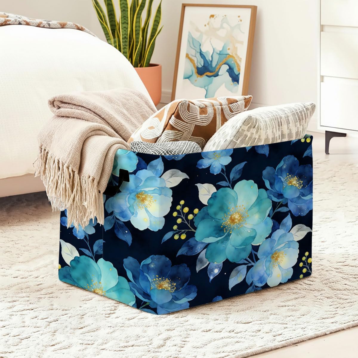 Blue Flowers Foldable Laundry Basket Hamper with Handles, 56L Large Capacity Toy Storage Organizer, Collapsible Clothes Hamper for Home Decor and Bedroom Organization.