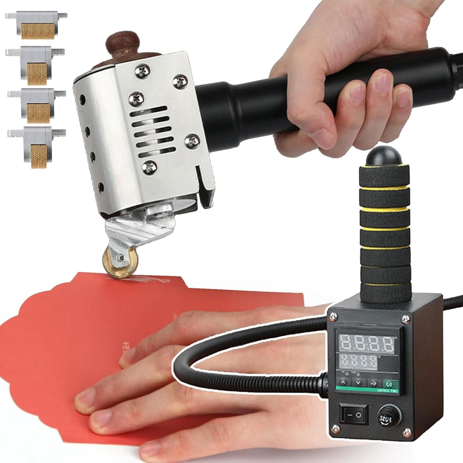 Commercial Heating Rolling Gluing Machine, 200W Hot Melt Adhesives Glue Dispenser with 50-220℃ Adjustable Temperature, 4 Size Glue Coating Heads, for Factories, Warehouses, Logistics