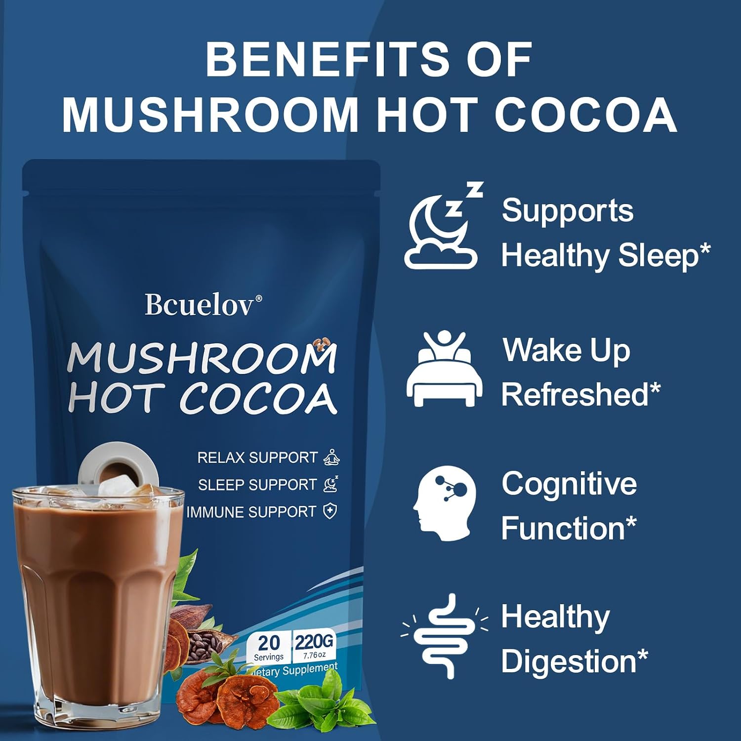 Mushroom Hot Cocoa, Cocoa Powder with Reishi Mushroom, Melatonin, Glycine, Cacao, L-Theanine, Chicory to Help Fall Asleep and Stay Asleep, 20 Servings