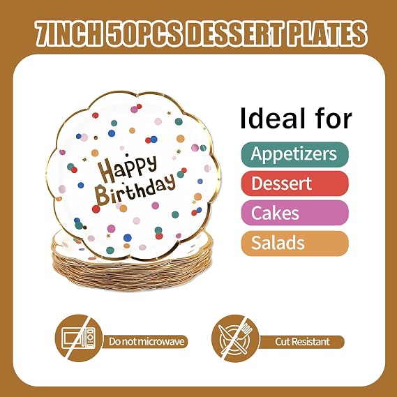 50PCS Happy Birthday Paper Plates - White and Gold Scalloped Plates 7Inch Dessert Plate for Cake Salad Pizza,Disposable Decoration Supplies for Birthday Party