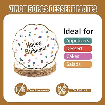 50PCS Happy Birthday Paper Plates - White and Gold Scalloped Plates 7Inch Dessert Plate for Cake Salad Pizza,Disposable Decoration Supplies for Birthday Party